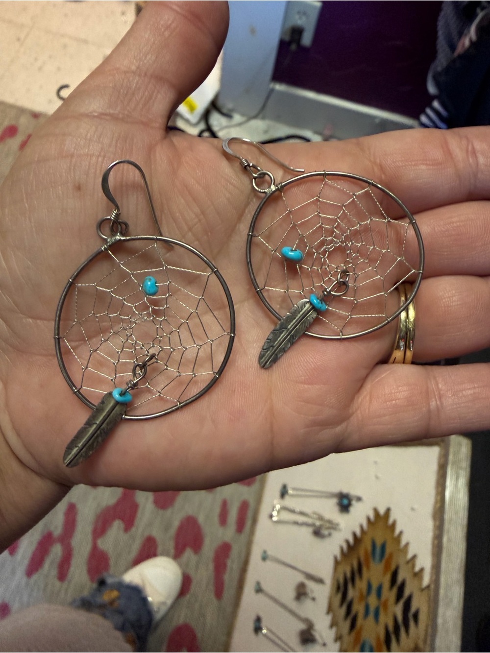 Stamped Sterling Dreamcatcher Earrings with Turquoise Beads